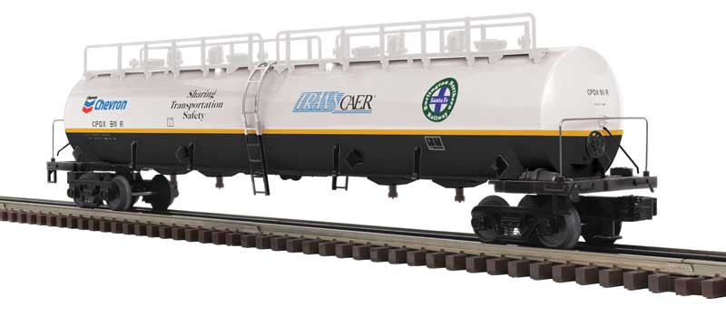 20,000-Gallon 4-Compartment Tank Car - 2-Rail - Ready to Run - Premier -- Chevron (Transcaer, white, black, yellow)