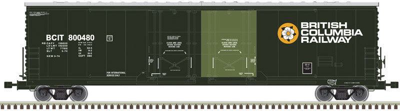 Evans 53' Double-Door Boxcar - 2-Rail - Ready to Run - Master(R) -- British Columbia Railway (green, light green door, Dogwood Logo)