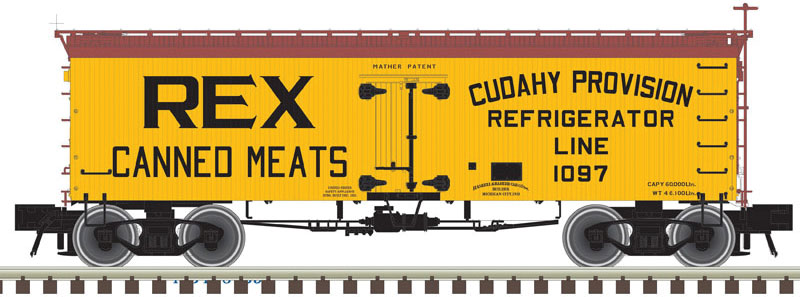 36' Wood Reefer with Truss Rods - 2-Rail - Ready to Run - Master(R) -- Rex Canned Meats - Cudahy (yellow, Boxcar Red)
