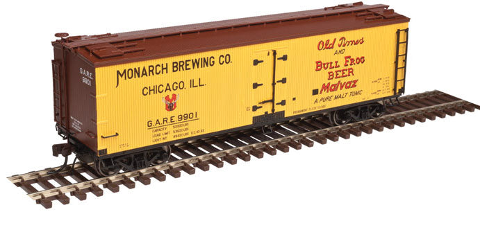 40' Wood Reefer - 2-Rail - Ready to Run - Master(R) -- Monarch Brewing Company GARE (yellow, Boxcar Red, red)