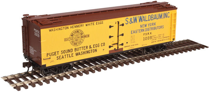 40' Wood Reefer - 2-Rail - Ready to Run - Master(R) -- Puget Sound Butter & Egg Co. PSRX (yellow, Boxcar Red)
