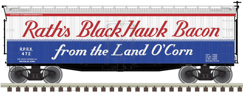 40' Wood Reefer - 2-Rail - Ready to Run - Master(R) -- Rath's Black Hawk Bacon (white, blue, red)
