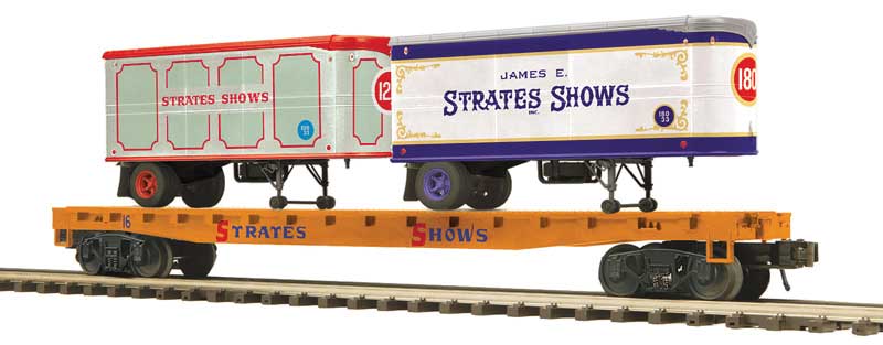 Flatcar with 2 20' Trailers - 3-Rail - Ready to Run - Premier -- James E. Strates Shows #16 (orange flatcar)