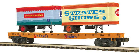 Flatcar with 2 20' Trailers - 3-Rail - Ready to Run - Premier -- James E. Strates Shows #66 (orange flatcar)