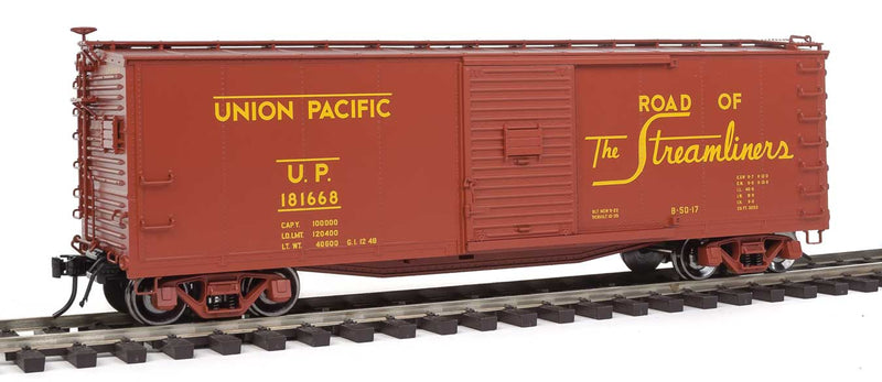 USRA Steel Rebuilt Boxcar - 2-Rail Ready to Run - Master(R) -- Union Pacific (Boxcar Red, yellow, Serves all the West Slogan)