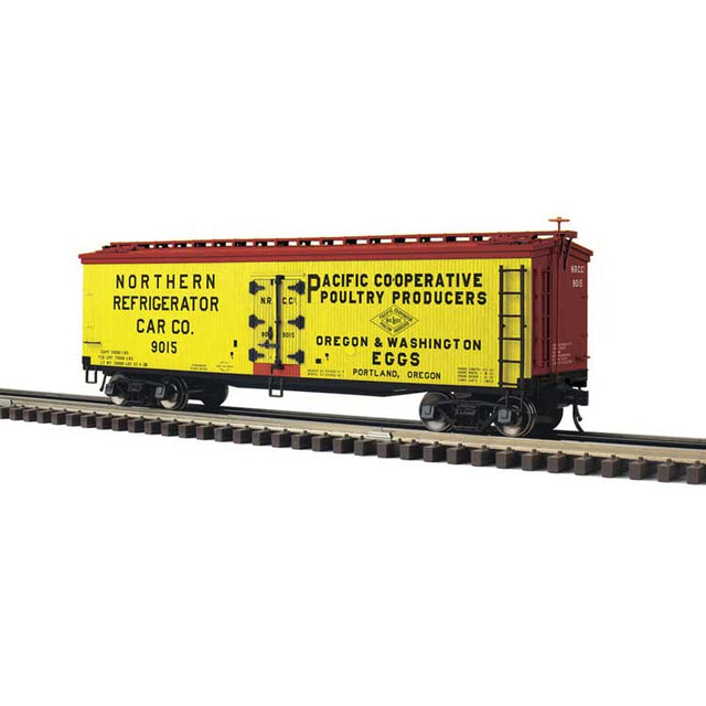 40' Wood Reefer - 2-Rail - Ready to Run - Master(R) -- Pacific Cooperative Poultry NRCC (yellow, Boxcar Red, black)