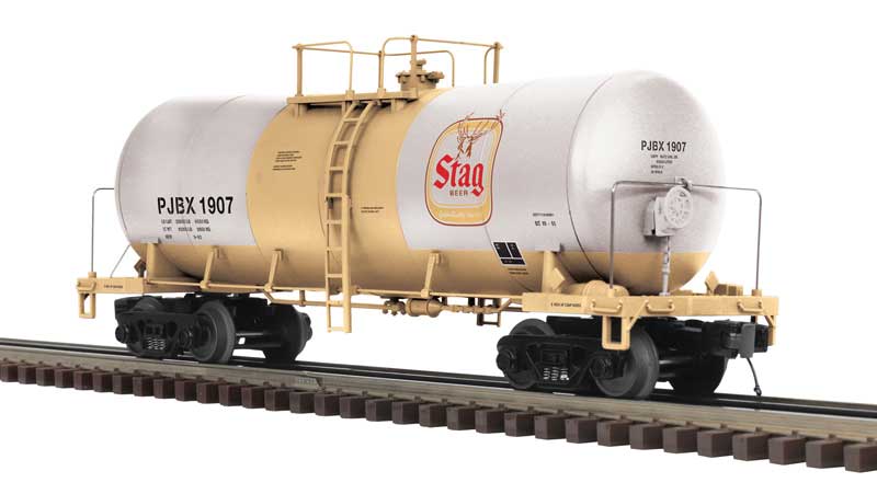 Funnel-Flow Tank Car - 2-Rail - Ready to Run - Premier -- Stag Beer PJBX (gold, white, red)