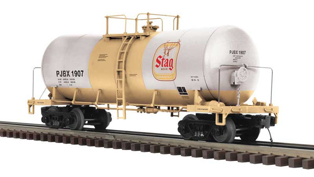Funnel-Flow Tank Car - 2-Rail - Ready to Run - Premier -- Stag Beer PJBX (gold, white, red)