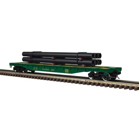 52'6" Flatcar w/Pipe Load - 2-Rail - Ready to Run - Trainman(R) -- Elgin, Joliet & Eastern (green, yellow)