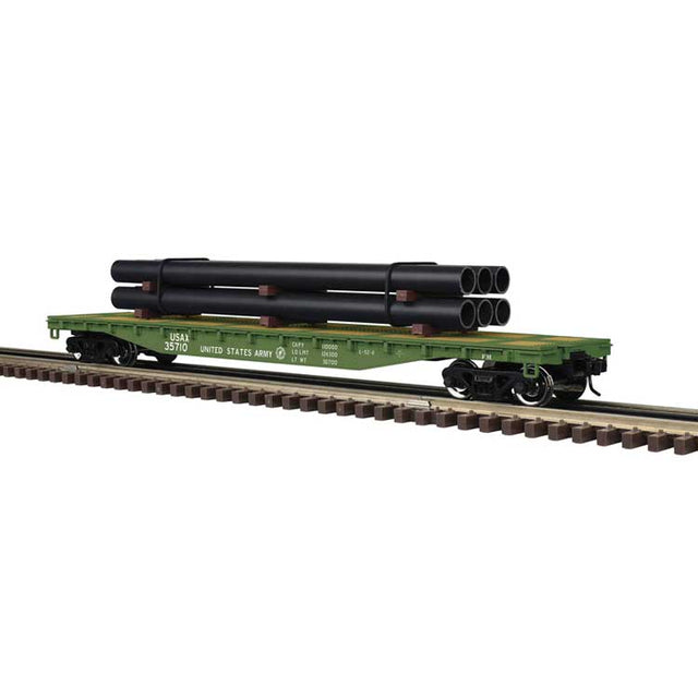 52'6" Flatcar w/Pipe Load - 2-Rail - Ready to Run - Trainman(R) -- US Army Transportation Corps USAX (green)
