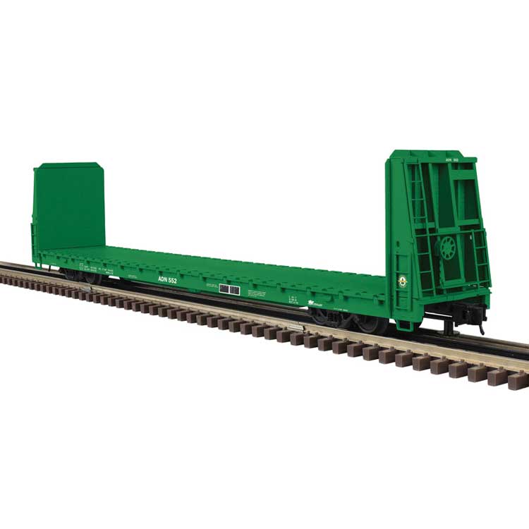 62' Bulkhead Flatcar - 2-Rail - Ready to Run - Trainman(R) -- Ashley Drew & Northern (green)