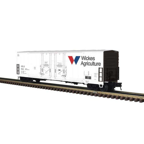 Evans 53' Double-Plug-Door Boxcar - 2-Rail - Ready to Run - Master(R) -- Wickes Agriculture USLX (white, black, blue, red)