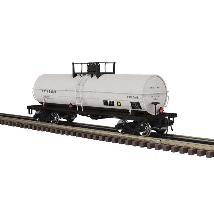 11,000-Gallon Tank Car with Platform - 2-Rail - Ready to Run - Master(R) -- GATX (gray, black, Isobutane Service)