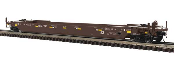 53' Rebuilt Well Car - 3-Rail - Ready to Run - Premier -- Florida East Coast (Boxcar Red, yellow conspicuity marks)