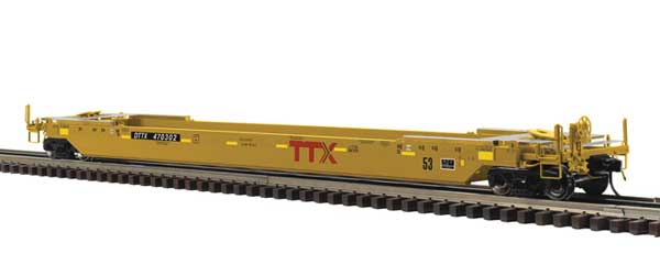 53' Rebuilt Well Car - 3-Rail - Ready to Run - Premier -- Trailer-Train DTTX (yellow, Red Logo)