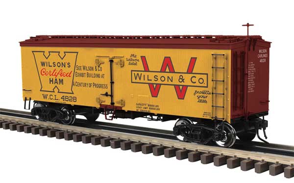 36' Wood Refrigerator Car - 3-Rail - Ready to Run - Master -- Wilson Packing (yellow, Boxcar Red, red, Certified Ham)