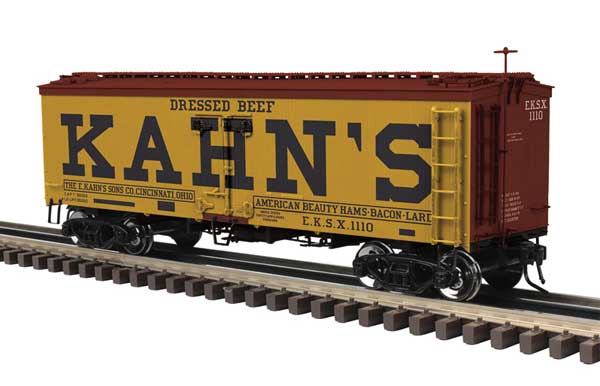 36' Wood Refrigerator Car - 3-Rail - Ready to Run - Master -- Kahn's (yellow, black, Boxcar Red)