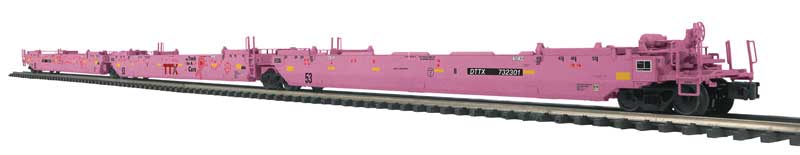 Gunderson Maxi-IV 3-Unit Well Car - 3-Rail - Ready to Run - Premier -- TTX (pink, red, black, On Track for a Cure)