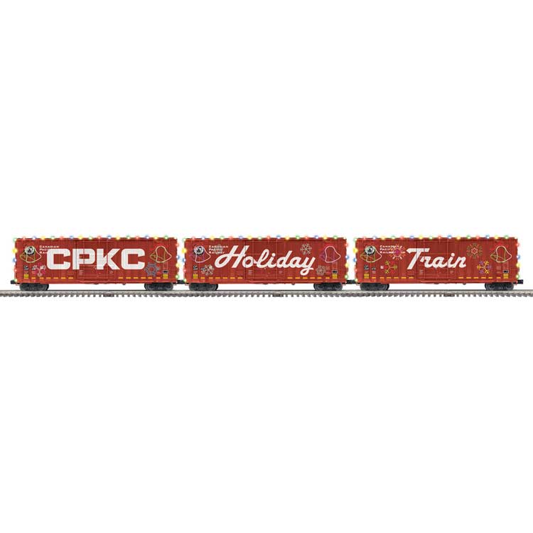 Gunderson 50' High-Cube Boxcar Lighted 3-Pack - 3-Rail - Ready to Run - Premie -- Canadian Pacific Kansas City CPKC (Holiday Train, red, white)