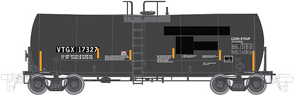 Trinity 17,600-Gallon Corn Syrup Tank Car - 3-Rail - Ready to Run - Master(R -- VTG North America VTGX (Black Patches, black, No Logo)