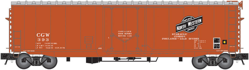 Pullman-Standard 50' PS-1 Boxcar No Roofwalk - 3-Rail - Ready to Run -- Chicago & North Western CGW (Boxcar Red, black, Employee Owned Logo)