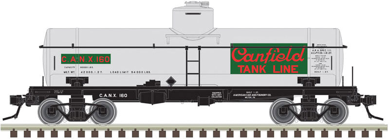 ACF Type 27 8,000-Gallon - 3-Rail - Ready to Run -- Canfield Tank Lines CANX (aluminum, red, green)