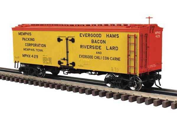 36' Wood Refrigerator Car - 2-Rail - Ready to Run - Master -- Memphis Packing Corporation (yellow, red, black)