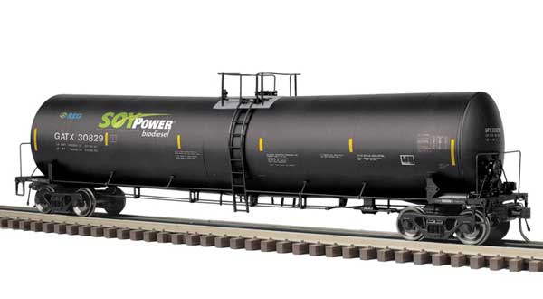 Trinity 25,500-Gallon Tank Car - 3-Rail - Ready to Run - Master(R) -- Soy Power Bio Fuels GATX (black, blue, green, yellow conspicuity marks)