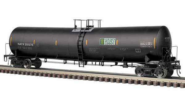 Trinity 25,500-Gallon Tank Car - 3-Rail - Ready to Run - Master(R) -- Golden Peanut Company NATX (black, gold, yellow conspicuity marks)