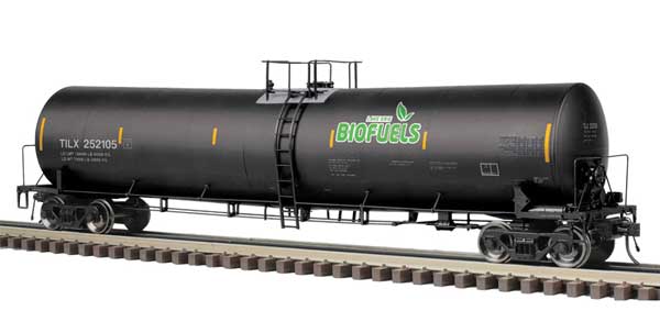 Trinity 25,500-Gallon Tank Car - 3-Rail - Ready to Run - Master(R) -- Lake Erie Bio Fuels TILX (black, green, yellow conspicuity marks)