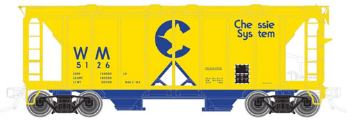 ACF 70-Ton 1958 Cu Ft Covered Hopper w/Open Sides - 3-Rail Ready to Run - Mast -- Chessie System WM (yellow, blue)