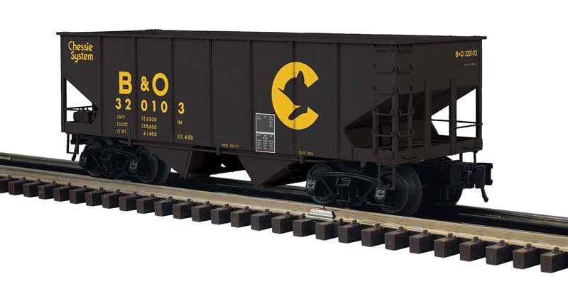 55-Ton 2-Bay Open Hopper - 3-Rail - Ready to Run - Master -- Chessie System B&O (Fantasy Scheme, black, yellow)