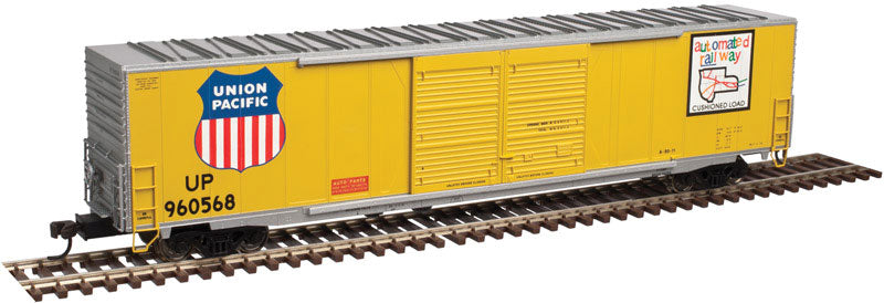 ACF 60' Double-Door Auto Parts Boxcar - 3-Rail - Ready to Run - Master(R) -- Union Pacific (Armour Yellow, silver, Large Shiels & Automated Map Logo)