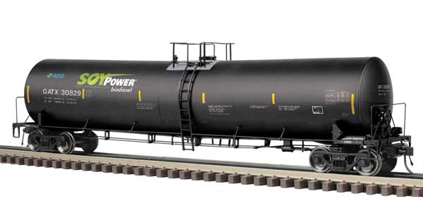 Trinity 25,500-Gallon Tank Car - 2-Rail - Ready to Run - Master(R) -- Soy Power Bio Fuels GATX (black, blue, green, yellow conspicuity marks)