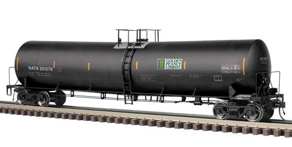 Trinity 25,500-Gallon Tank Car - 2-Rail - Ready to Run - Master(R) -- Golden Peanut Company NATX (black, gold, yellow conspicuity marks)