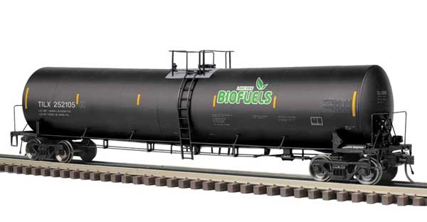 Trinity 25,500-Gallon Tank Car - 2-Rail - Ready to Run - Master(R) -- Lake Erie Bio Fuels TILX (black, green, yellow conspicuity marks)