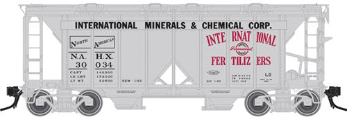ACF 70-Ton 1958 Cu Ft Covered Hopper w/Open Sides - 2-Rail Ready to Run - Mast -- International Minerals & Chemicals NAHX (gray, black, red)