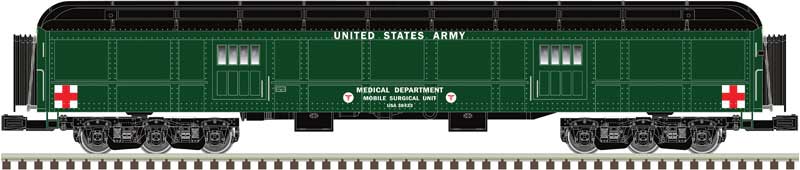 70' Madison Heavyweight 4-Car Set - 3-Rail - Ready to Run -- U.S. Army Baggage 38433, Coach 89388, 89486, Observation Valor (green, black-1