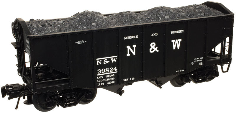 55-Ton 2-Bay Fishbelly Hopper w/Peaked Ends & Load - 3-Rail - Ready to Run -- Norfolk & Western (black, Block N&W)