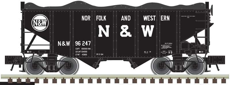 55-Ton 2-Bay Fishbelly Hopper - Flat Ends & Load - 3-Rail - Ready to Run -- Norfolk & Western (Late Repaint, Block N&W, Hamburger Logo)