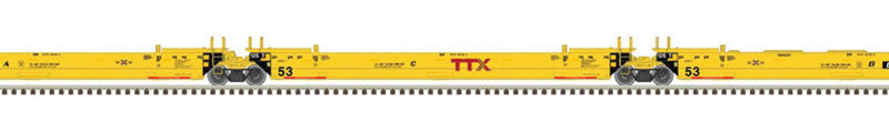 Gunderson Maxi IV 3-Unit Well Car - 3-Rail - Ready to Run - Master(R) -- TTX 1 (yellow, black, red Logo, Next Load Any Road Logo)