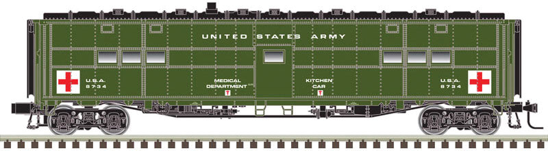 Troop Hospital Car - 3-Rail - Ready to Run -- US Army (Pullman Green, white, Red Cross Logos)