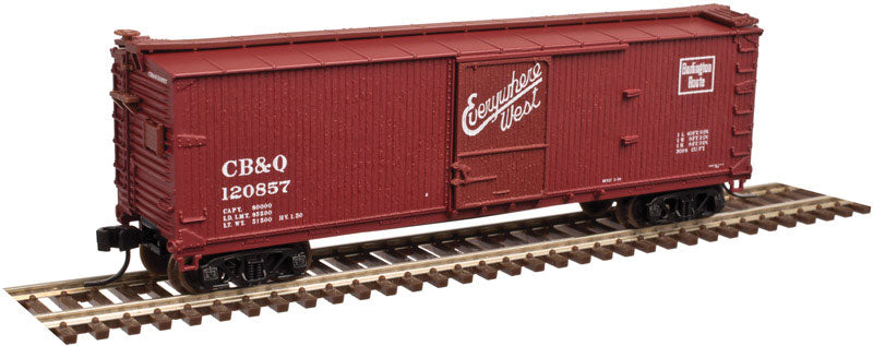 USRA 40' Double Sheathed Wood Boxcar - 2-Rail Ready to Run - Master(R) -- Chicago, Burlington & Quincy (Boxcar Red, Everywhere West Slogan)