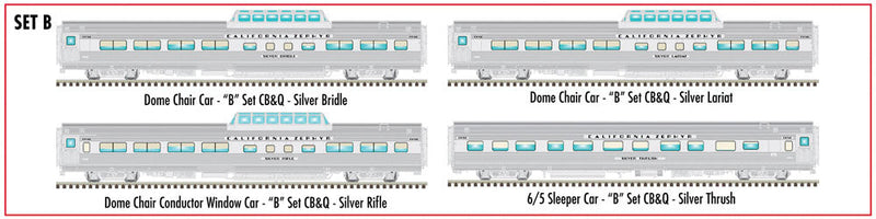 California Zephyr 4-Car Set A - 2-Rail - Ready to Run -- Chicago, Burlington & Quincy 2 Dome-Coaches, Dome-Coach w/Window, 6-5 Sleepe