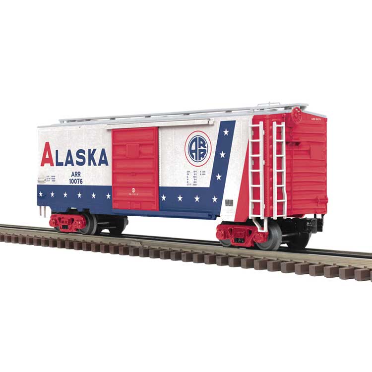 Pullman Standard PS-1 40' Boxcar - 3-Rail - Ready to Run - Premier -- Alaska Railroad #10076 (Fantasy America 250 Scheme, white, red, blue)
