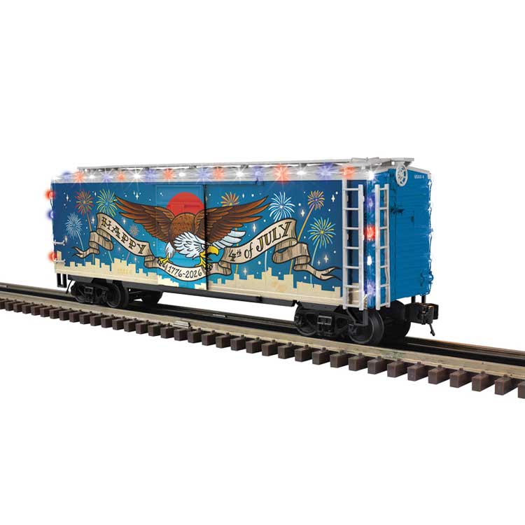 Pullman Standard PS-1 40' Boxcar with Lights - 3-Rail - Ready to Run - Premier -- 4th of July (blue, white, Eagle graphics)