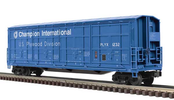 Thrall 55' All-Door Boxcar - 3-Rail - Ready to Run - Premier(R) -- Champion International-US Plywood (blue, white)