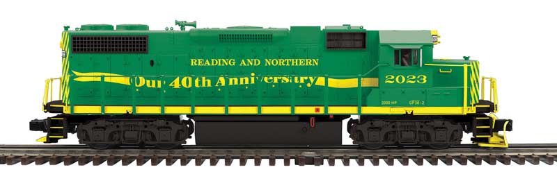 EMD GP38-2 - 3-Rail - Sound and DCC - Premier -- Reading & Northern #2023 (40th Anniversary Scheme, green, yellow)