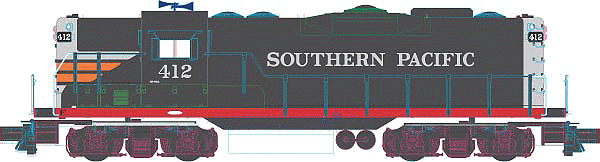 EMD GP9 - 2-Rail w/RailSounds & TMCC - Master(R) Gold -- Southern Pacific #412 (black, silver, red, orange (Black Widow, black, silve