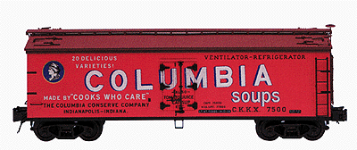 40' Wood Refrigerator Car 3-Rail -- Columbia Soup (brown, red, black, white, blue, gold)
